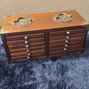 Vintage Coaster Set 12 Coasters + Holder Wood Brass Goodwood Barware